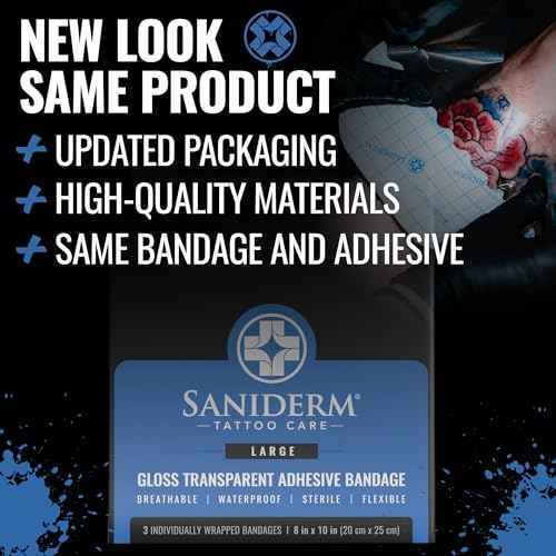 Saniderm Tattoo Aftercare Bandage 3 Sheets (Large Pack, 8 in x 10 in) ? Convenient, Faster Tattoo Healing and Protection ? Sterile, Waterproof, and Latex-Free