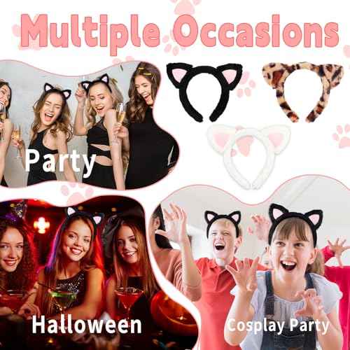 Cat Ear Headband for Women Girls 3pcs Plush Fuzzy Cat Ears Headbands Cute Animal Hairband Halloween Costume Party Accessories