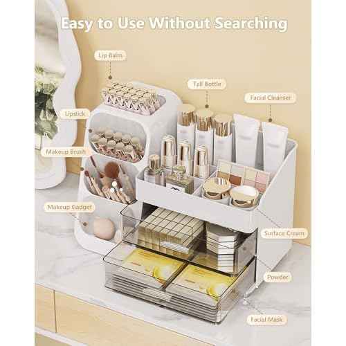Makeup Organizer with Drawers, Skincare Organizer (Large Size Thick), Storage Box Cosmetic Display Cases, Make up Organizers for Vanity, Dresser, Desk, Kitchen, Countertop (White)