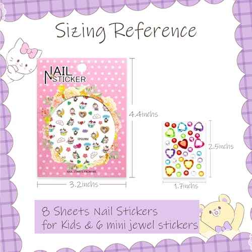 NOOEPC Nail Stickers for Kids and Mini Face Gems, Cute Nail Gem Stickers, Kids Nails Set for Girls Birthday Girl Party Favors Flower, Unicorn, Fruits, Animal Nail Art Design Decoration Accessories
