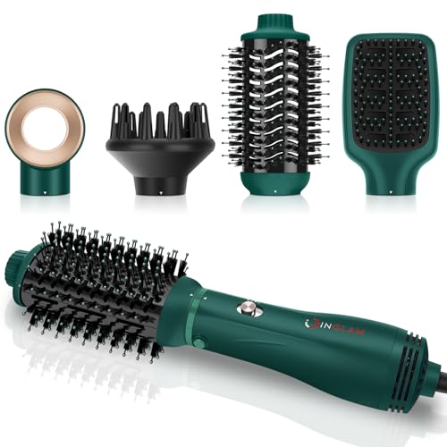 IG INGLAM Hair Dryer Brush, 4-in-1 Detachable Blow Dryer Brush, Ionic Diffuser Hair Dryer & Styler Volumizer with Oval Titanium Barrel, One-Step Hot Air Blowout Styler, Dark Green