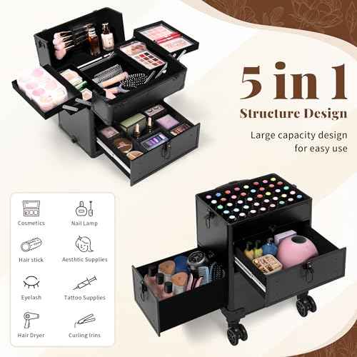 AROUS Rolling Makeup Case with 3 Drawers, Cosmetology Case on Wheels 5 IN 1 Makeup Train Case Make Up Organizer for Artist Salon Nail Teach Trunk,Black