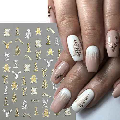 8PCS Christmas Tree Nail Stickers Metallic Nail Decals 3D Self-Adhesive Snowflake Lanterns Bells Elk Bear Star Heart Gold Silver Metal Design Xmas for Women French Manicure Decoration Party