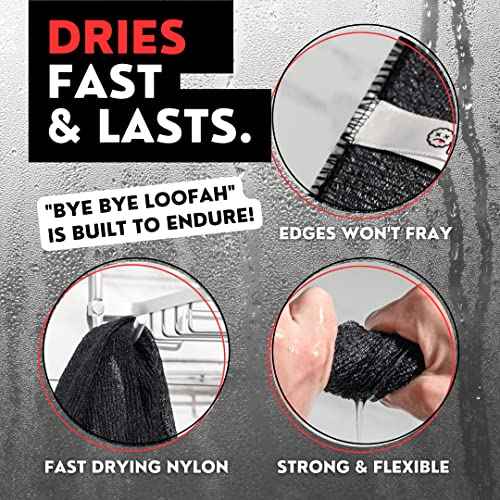 Extra Rough Exfoliating Washcloth - Extreme Body & Back Scrubber for Shower, Extra Long, Hygienic Exfoliator Wash Cloth, Men Or Women, 2 Count Pack, 1 Black & 1 Grey Color, Bye Bye Loofah