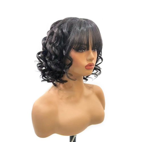 BLISSHAIR Natural Wavy Human Hair Wigs with Bangs Black Loose Wave Wigs for Women None Lace Front Wigs Loose Body Bob Wig Brazilian Virgin Human Hair Glueless Loose Curly Wig for Daily (14 Inch)