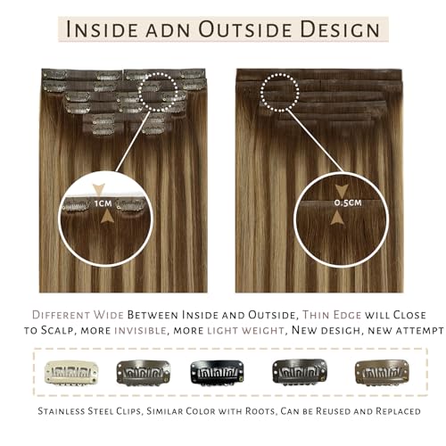 Caliee Seamless Clip in Hair Extensions Human Hair 14 Inch 115G Full Head Double Weft R4-4/27 Chocolate Brown to Caramel Blonde with Brown Roots 8Pcs Balayage Human Hair Clip in Extensions