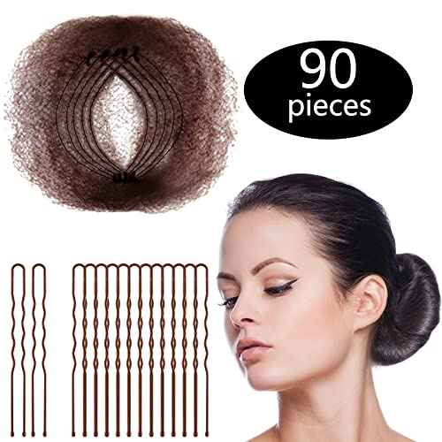 Zonon Bun Hair Nets 50Pcs, Invisible Elastic Edge Mesh, Individual Package, Brown & U Shaped Pins 40Pcs for Ballet Bun, Sleeping, Women and Wig