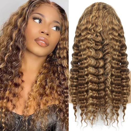 16Inch Highlighted Deep wave Lace Front Wig Human Hair Honey Blonde Highlight Deep Wave Wigs Human Hair 4/27 Curly Highlighted Wig for Black Women Pre-Plucked 180% Ombre Curly Wigs Glueless