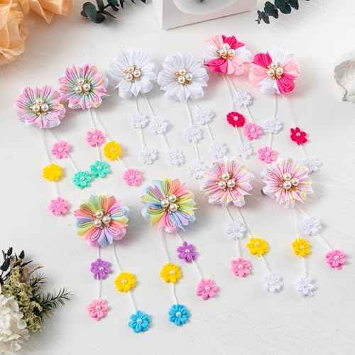 Flower Ribbon Bows Clips - 10pcs Colorful Flower Hair Accessories Grosgrain Ribbon Bows Alligator Clips Pendants Barrettes Hair Accessories Baby Girls Toddlers Kids Teens(5 Designs in Pairs)
