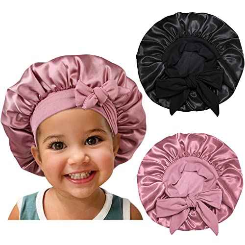 Satin Silk Bonnet Hair Cap: 2pcs Bonnets for Kids with Elastic Tie Band Adjustable Straps for Sleeping Sleep Comfortable - Stretchy Tie Band Hair Bonnets No Slip-Off (Black-Rosegold-K)