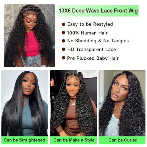 13x6 Deep Wave Lace Front Wigs Human Hair 200 Density HD Lace Front Wigs Human Hair Glueless Deep Curly Wig Frontal Wigs Human Hair Pre Plucked for Women 24inch
