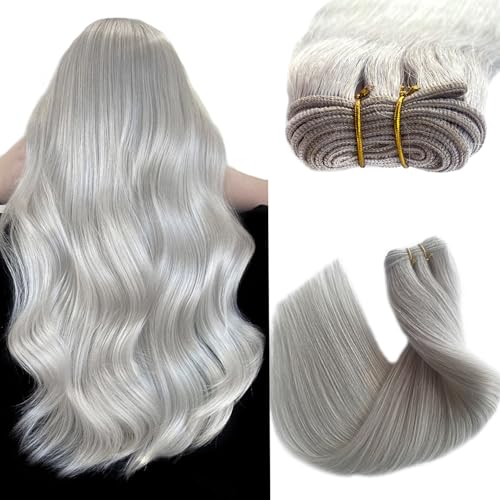 Human Hair Extensions Platinum Sliver 22 Inch Sew in Hair Extensions Real Human Hair Straight Double Weft Extensions for Women Real Hair