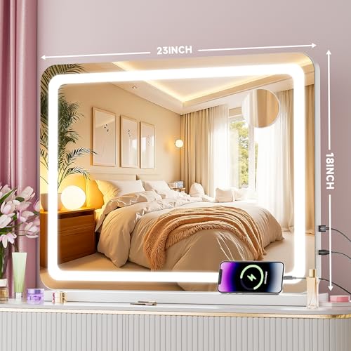 Vanity Mirror with Lights, 23" x 18" LED Makeup Mirror with 10X Magnification, Dimmable 3 Modes, Memory Function, Smart Touch, USB Charging Port, Lighted Makeup Mirror Round White