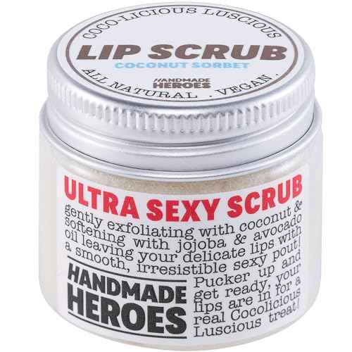 Handmade Heroes 100% Natural Lip Scrub, Vegan Conditioning Coconut Exfoliator - Gentle Exfoliant, Sugar Polish and Scrubber for Chapped Dry Lips, 1oz (Coconut Sorbet)