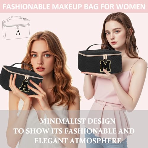 Gifts Initial Makeup Organizer Bag for Girls, Chenille Letter Personalized Cosmetic Bag with Zipper | Preppy Quilted Portable Makeup Pouch Teen Birthday Gifts Trendy for Women Friend (A)