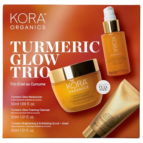 KORA Organics Turmeric Glow Brightening Trio, Gift Set with Turmeric Glow Moisturizer, Exfoliating Mask and Foaming Cleanser (3 Items)