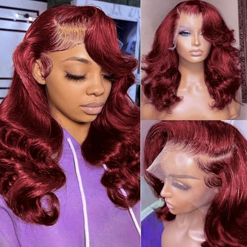 Reddish Brown Bob Wig Human Hair Body Wave 13x4 HD Lace Front Wigs Human Hair 16Inch 33# Body Wave Lace Frontal Wig Pre Plucked 180% Density Wine Red Bob Wigs for Women