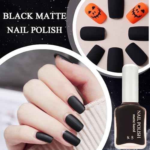 Black Matte Nail Polish, Matte Top Coat Black Nail Polish Fast Dry, Highly Pigmented Black Fingernail Polish Matte Effect, Matte Black Nail Polish for Men Women, 12 ML