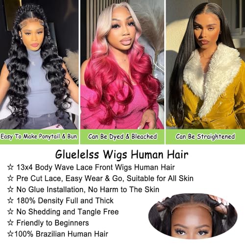 28 Inch Glueless Wigs Human Hair Pre Plucked Pre Cut 180% Density Wear and Go Glueless Wig 13x4 HD Body Wave Lace Front Wigs Human Hair for Women Frontal Wig with Baby Hair