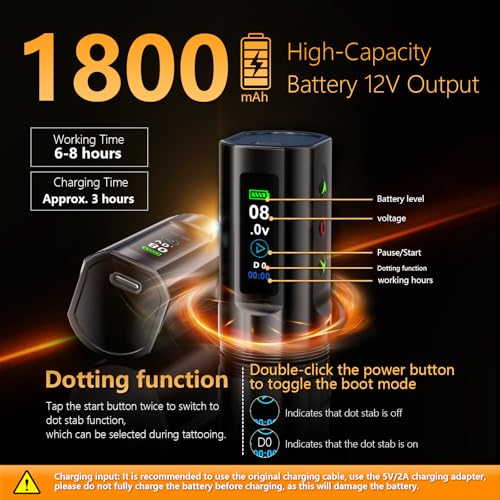 BIGWASP Z3 Wireless Rotary Tattoo Machine Pen, 6 Adjustable Stroke Lengths, 1,800mAh Battery with Extra Battery, Coreless Motor for Professional Artists - Black