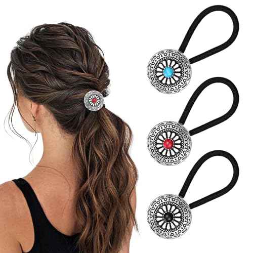 3PCS Western Style Ponytail Holders, Metal Hair Ties Bracelet, Boho Hair Clips Vintage Turquoise Concho Squash Blossom Hair Bands Elastic Hair Cuffs Hair Accessories for Women Girls