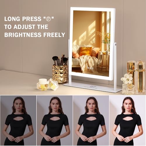 FENCHILIN Vanity Mirror with Lights 16.14" x 11.81",Lighted Makeup Mirror and Hollywood Mirror with Smart Touch Control 3 Colors Dimmable LED Light, 360¡ÆRotation 10X Magnification(White)
