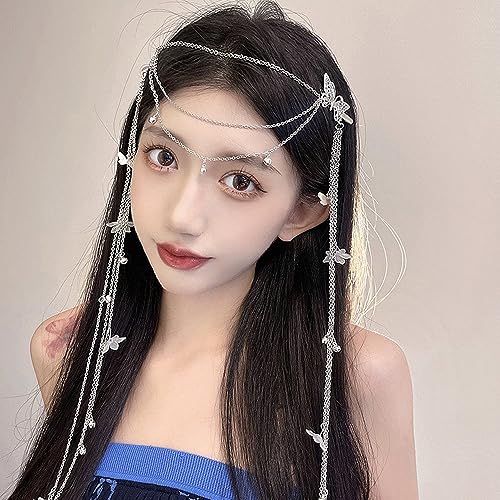 2 PACK Silver Wedding Butterfly Flower Headband Boho Head Chain Tassel Headband for Women Sparkly Rhinestone Fake Earrings Hair Accessories for Women and Girls