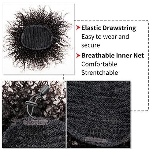 Afro Puff Drawstring Ponytail Human Hair 8a Brazilian Virgin Hair 2 Clip In Natural Kinky Curly Puffs Updo Chignon Buns Extension for Black Women Girls 12 Inch #1B Natural Black