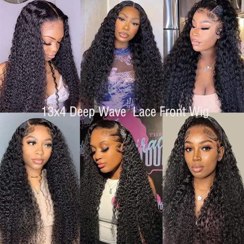 13x4 Lace Front Wigs Human Hair 180% Density Deep Wave Frontal Wigs Human Hair Pre Plucked with Baby Hair Glueless Wigs Human Hair for Black Women, 20 Inch