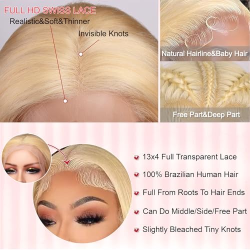613 Blonde Bob Wigs Human Hair 13x4 HD Lace Front Bob Wig Remy Human Hair Pre Plucked With Baby Hair for Women, 10 Inch Honey Blonde 613 Lace Frontal Wig Glueless Straight Short Bob Wigs 180 Density
