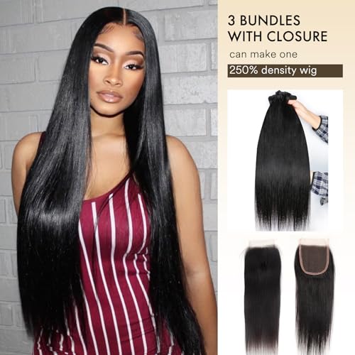 Human Hair Bundles with Closure Straight(14 16 18 +12,Free Part) Closure with 3 Bundles Brazilian Virgin Hair 16A Extensions with Pre Plucked with Baby Hair 4X4 HD Lace Closure Natural Black Color