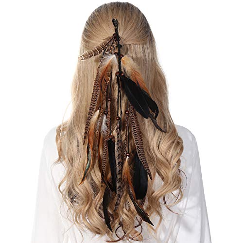 Molans Hippie Feather Hair Extension Headband (Black + Pheasant Feather) - Festival Headdress - Women & Girls