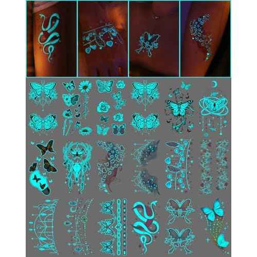 20 Sheets Glow In The Dark Butterfly Temporary Tattoos for Women Girls, Luminous Flower Butterflies Wings Kids Fake Tattoo Stickers Art Makeup Waterproof for Face Body Arm Party Favors