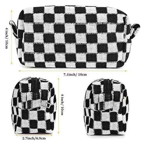 2 Pcs Checkered Makeup Bags, Portable Travel Toiletry Bag with Zipper, Makeup Bag Storage Cosmetic Bag for Women (Black&Light Brown)