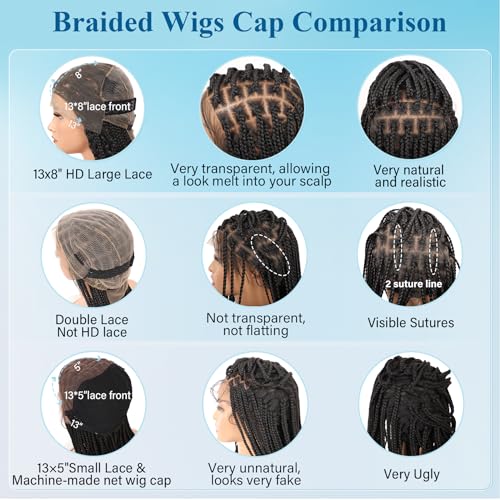 12inch 13x8 Hd Lace Front Braided Wigs for Women Knotless Boho Braided Wigs Short Box Braid Wig with Baby Hair Premium Synthetic Curly Braided Lace Front Wigs Natural Black