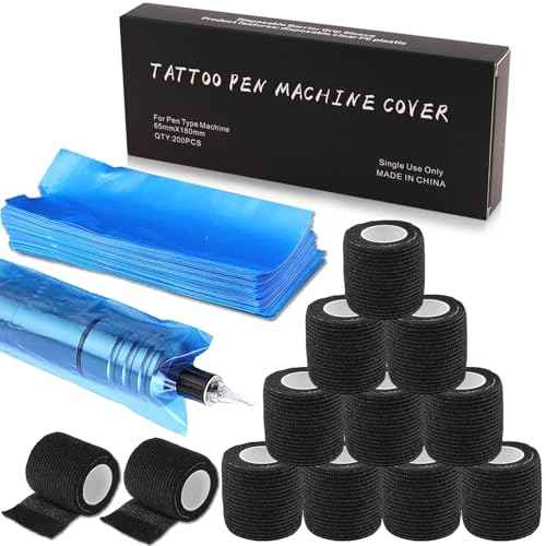 200 Pcs Tattoo Machine Covers & 12 Rolls Grip Tape - Large Disposable Pen Sleeves 2.56x7.08 Inch, Anti-Slip Vibration Control for Tattoo Artists