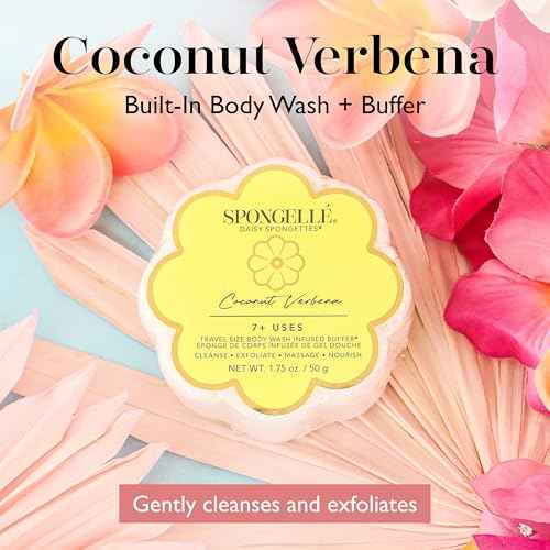 Spongelle Coconut Verbena Spongette Loofah Body Scrubber | Bath & Shower Loofah for Women | Body Scrubber Exfoliator with Body Wash Infused Sponge | 5+ uses | Creamy Coconut, Verbena & Lime