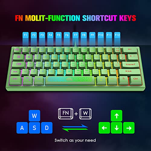 60% Gaming Keyboard and Mouse Combo Samll Mini RGB Backlight Mechanical Feeling and Mechanical RGB 6400 DPI Honeycomb Optical Mouse,Gaming Mouse pad for Gamers and Typists (Green)