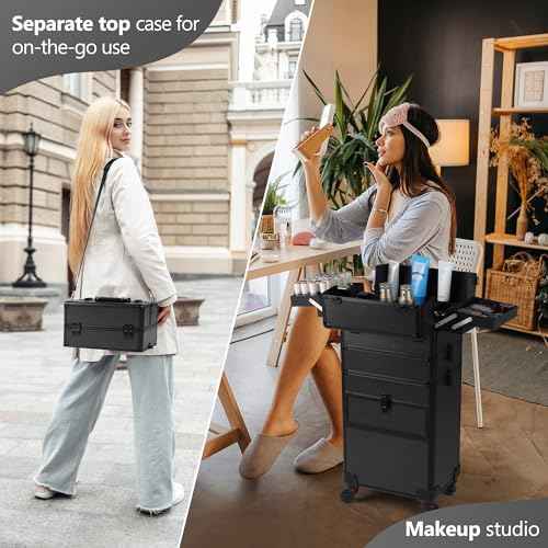 4 in 1 Rolling Makeup Case on Wheels with Drawer and Professional Cosmetic Organizers for Salon Barber - Bright Black