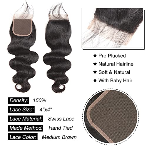 Aopusi Bundles with Closure Body Wave Bundles with Closure Weaves 4¡¿4 Free Part Lace Closure with 3 Bundles 100% Brazilian Virgin Remy Human Hair 150% Density Natural Color (14 16 18+12 Inch)