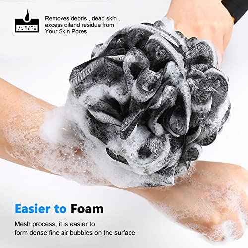 Black Loofah on a Stick PE Soft Mesh Luffa with Non-Slip Wooden Handle Made of Soft and Sturdy Rubber Material Back Scrubber for Shower for Women and Men with String for Easy Hanging