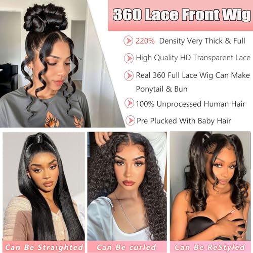 360 Lace Front Wigs Human Hair Body Wave 220 Density HD Full Lace Front Wigs Human Hair Pre Plucked For Women Natural Hairline With Baby Hair (220 Density 360 Wig, 20 Inch)