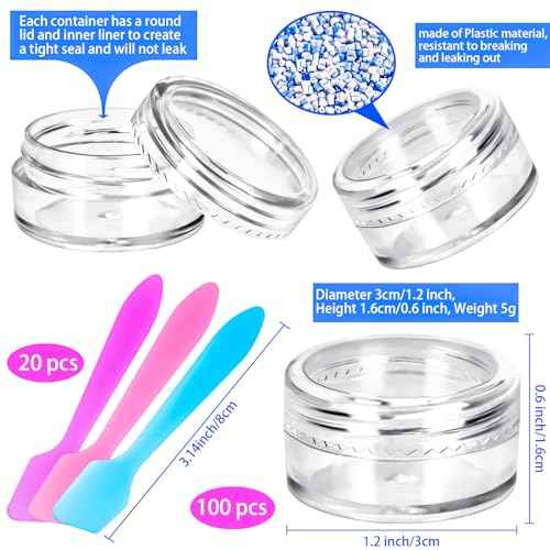 MotBach 100 Pcs 5g Empty Plastic Containers with Clear Lids,Mini Makeup Sample Containers, Small Sample Pot Jars Round Cosmetic Jars with Mini Spatulas for Liquid Sample Powder Creams Lotions
