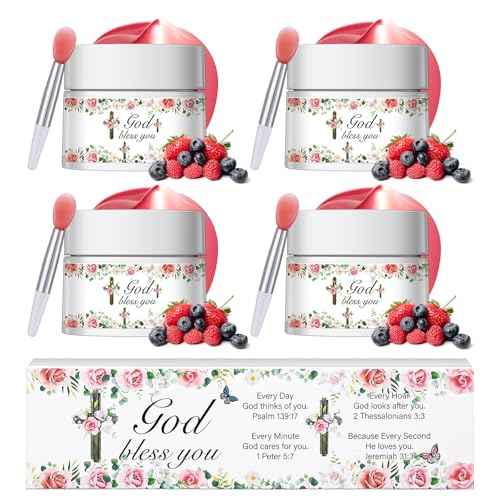 4 Pcs Christian Lip Sleeping Mask Set - God Bless You Religious Gift - Overnight Lips Balm Deep Hydrating for Women, Friends, Teacher, Worker, Employee - Christmas