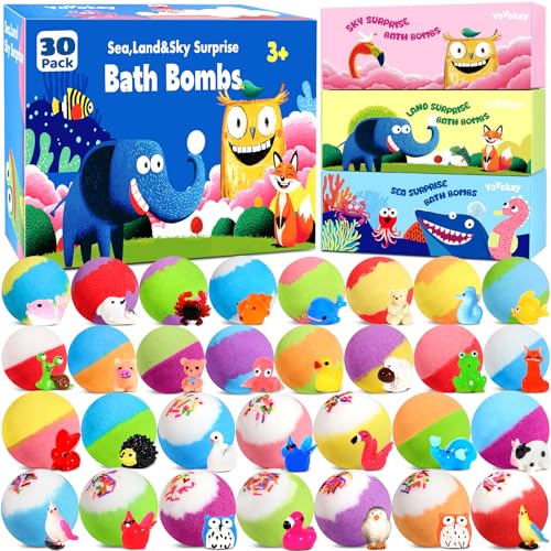 30 Bath Bombs for Kids with Toys Inside, Kids Bath Bombs Gift Set with 30 Sea & Land & Sky Animal Surprise Toy, Bubble Bath Toys, Christmas Gifts for Girls Boys, Stocking Stuffers