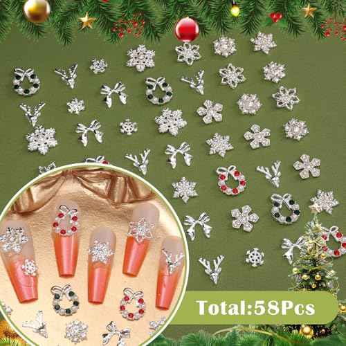 58 Pcs Christmas Nail Charms, Snowflake Bow Nail Charm, Wreath Elk Bow Silver Nail Charms, Xmas-Themed Alloy Silver Nails Art Charm for Christmas Nails DIY Design Craft