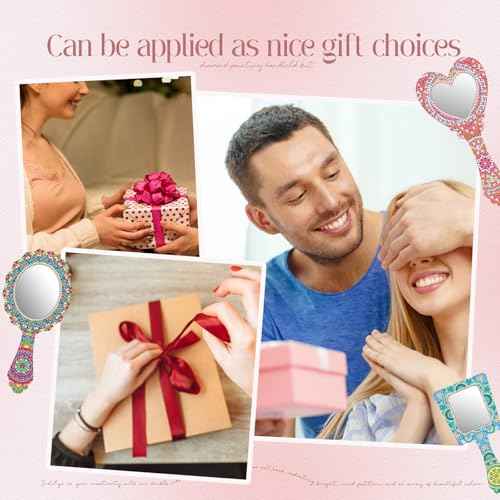 4 Pcs Diamond Painting Mirror Handheld Kits Valentine Christmas Art Gifts Compact Decorate Your Own Mirror for Hand DIY Crafts