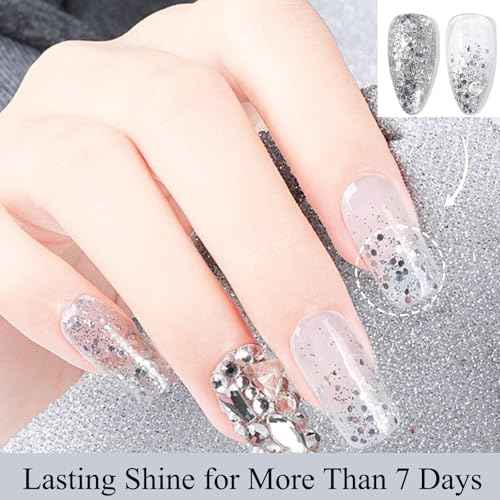 NovaCharm Glitter Nail Polish - Silver Nail Varnish Glitter - Diamond Flash Clear Nail Gel - Quick Dry Nail Polish Air Dry - Long Lasting Fingernail Polish Sparkle For Women Manicure DIY