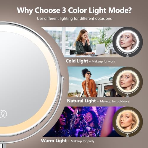Lighted Makeup Mirror, Rechargeable Height Adjustable Double Sided, 1x/10x Magnifying with 3 Color, Brightness Adjustable, 360¡Æ Rotation Vanity, Gift for Women