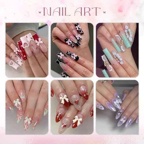 3D Nail Charms and Gems Set 7, 20PCS Chunky Butterfly Charms + 75PCS Coquette Nail Bows and Hearts + 3D Flowers for Nails with Rhinestones, Pearls, Diamonds and Picker Tools for Y2K Nail Decor